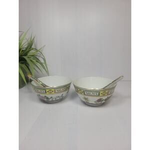 2 Chinese Soup Bowls & Spoons, Oriental Mun Shou Set, Singapore Chatsworth